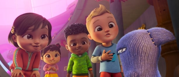 (L-R) Nina (Olivia Leyva), CeCe (Aerina DeBoer), Cody (Camden Brooks), JJ (Connor Esterson) and Lefty (Rhys Darby) in CoComelon: The Movie