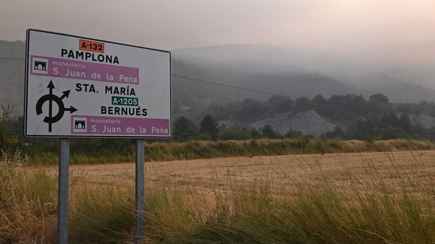 Thick plumes of smoke caused by a wildfire on 14 August 2026 in Las Peñas de Riglos, Hoya de Huesca, Huesca, Aragon, Spain