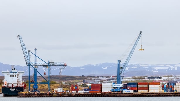 Shipping containers at an Eimskip-operated cargo terminal in Sundahofn harbor near Skarfabakki Cruise Terminal in Reykjavik, Iceland