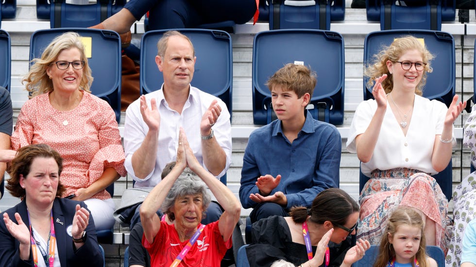 Members Of The British Royal Family Attend The Commonwealth Games birmingham, united kingdom august 02: (embargoed for publication in uk newspapers until 24 hours after create date and time) sophie, countess of wessex, prince edward, earl of wessex, james, viscount severn and lady louise windsor watch the england v india women's hockey match during the 2022 commonwealth games at the university of birmingham hockey squash centre on august 2, 2022 in birmingham, england. (photo by max mumby/indigo/getty images)