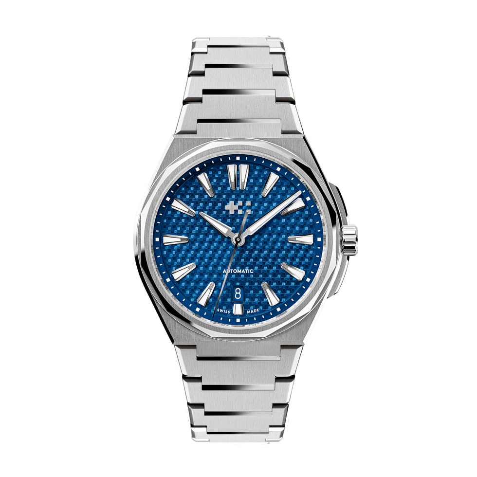 luxury stainless steel watch with blue textured dial. luxury stainless steel watch with blue textured dial.