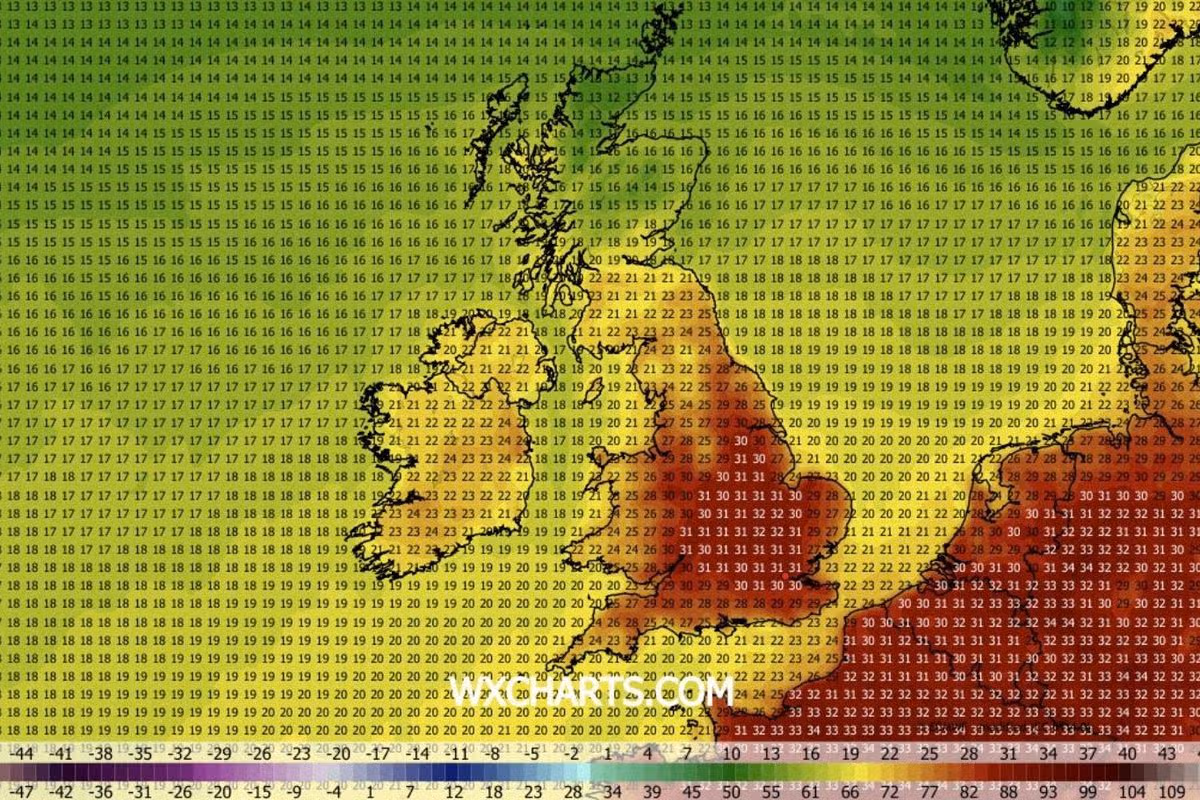 UK weather map showing maximum temperatures for Tuesday, August 11 2026