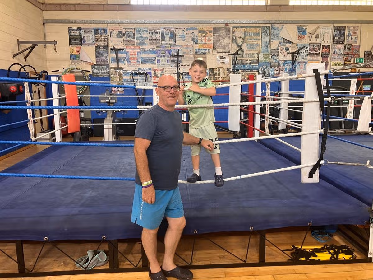 Andy and his son Teddy at Brin's Gym, formerly Huyton ABC Boxing Club