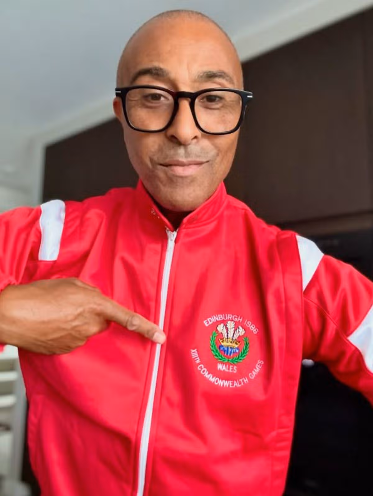 Colin Jackson recently wearing the 1986 Commonwealth Games tracksuit her wore when representing Wales