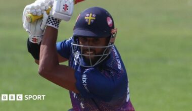 Durham batter Emilio Gay drives off the back foot during the One-Day Cup