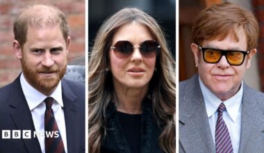 Prince Harry, Liz Hurley and Elton John attend court.