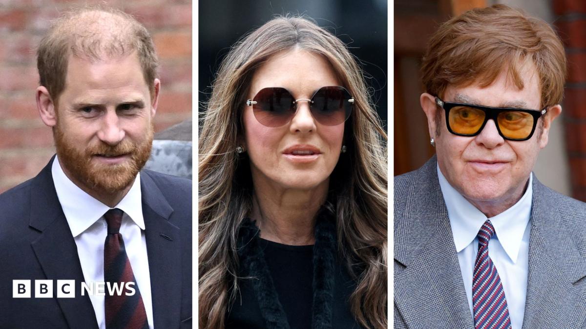 Prince Harry, Liz Hurley and Elton John attend court.