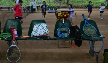 This photo taken on Aug 7 shows tennis rackets on a bench as children take part in a training session at Alabang Tennis Academy in Muntinlupa, Metro Manila.