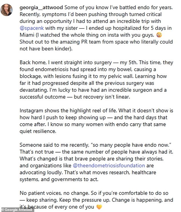 Georgia wrote: 'Learning how far it had progressed despite all the previous surgery was devastating. I’m lucky to have had an incredible surgeon and a successful outcome'