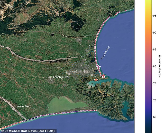 Around Christchurch, New Zealand, tides to the east of the city were 40 centimetres higher than those to the south