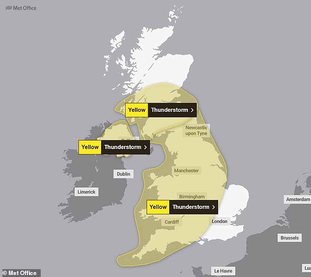 Thunderstorm warnings are in place across most of the country and extend into this evening