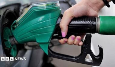 A close-up of a woman's hand, with pink nail varnish, holding a green petrol pump.