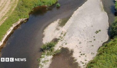 An aerial shot of the river seven, showing dried up parts of the embankment