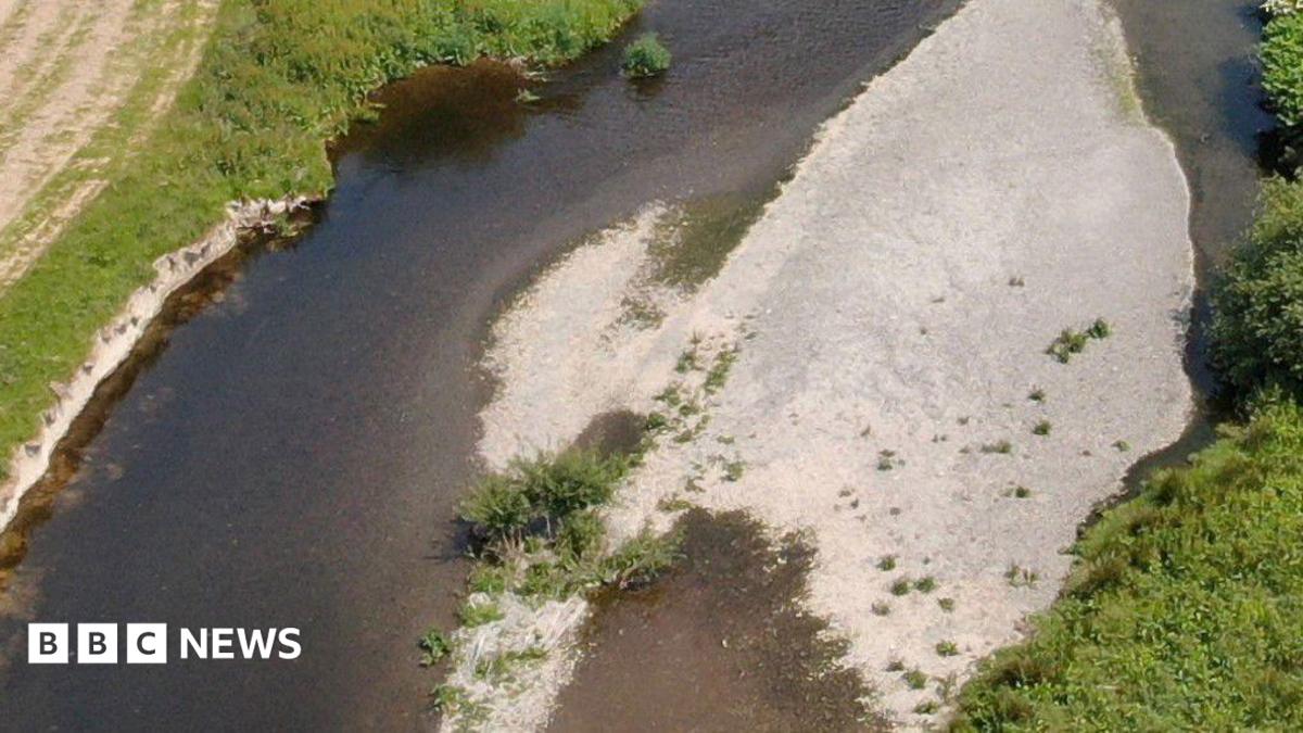 An aerial shot of the river seven, showing dried up parts of the embankment
