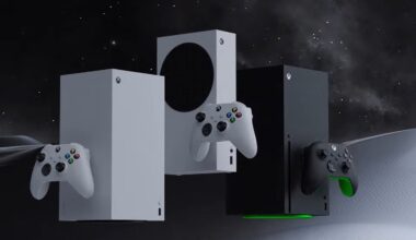 Xbox consoles float in space.