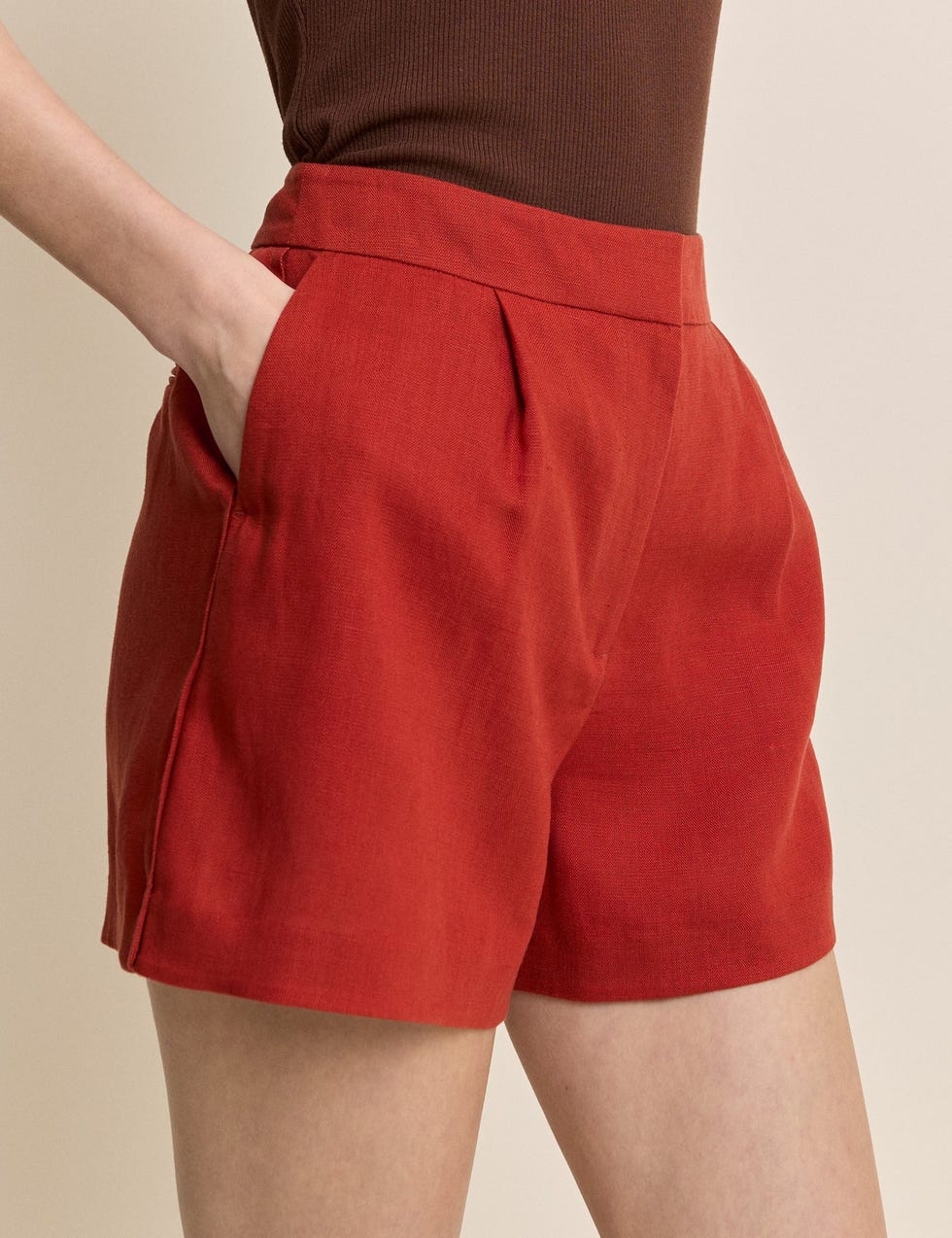 Rust Linen-Blend Tailored Shorts