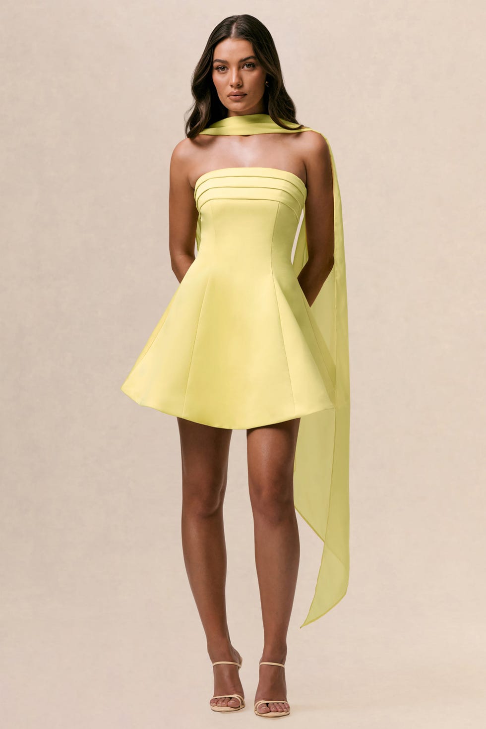 Love Me Lemon Satin Skater Mini Dress With Chiffon Scarf