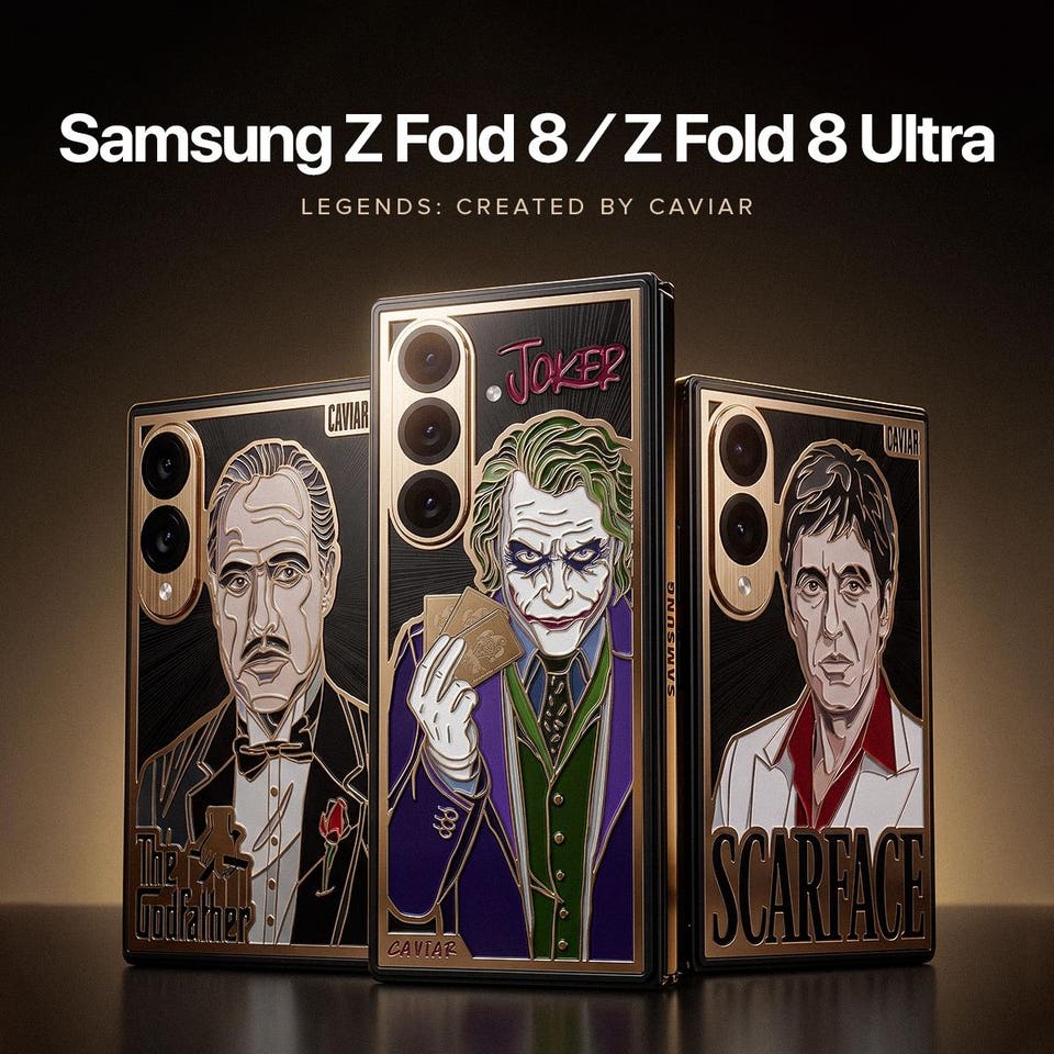 Caviar Samsung Z Fold8 and Z Fold8 Ultra with images of Marlon Brando as Don Vito Corleone from The Godfather (1972), Al Pacino as Tony Montana from Scarface (1983), and Heath Ledger as The Joker from The Dark Knight (2008).