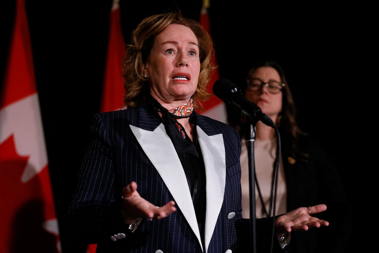 Prime Minister’s Council on Canada-U.S. Relations members Arlene Dickinson and Tabatha Bull take part in a press conference during a Liberal Cabinet Retreat in Montebello