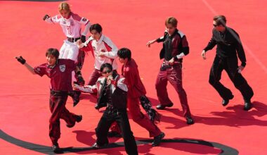 BTS performs during a halftime show for the World Cup final match between Spain and Argentina in East Rutherford, N.J., July 19. AP-Yonhap