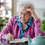 Portrait of elderly woman solving sudoku puzzles at home, sitting in living room. Sudoku as popular game for aging people, logical thinking, problem solving.