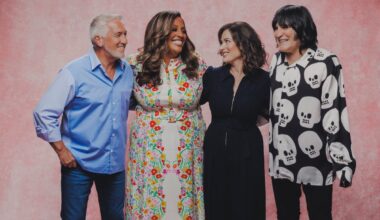 Nigella Lawson smiles as she embraces Great British Bake Off co-stars for first time