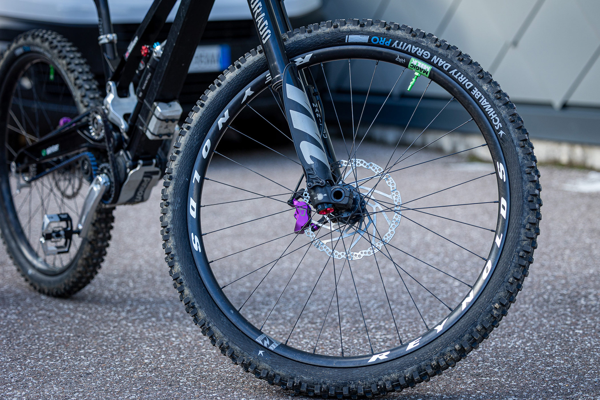 Harden's Gamux Sego gearbox belt-drive DH race bike: Schwalbe Dirty Dan tires on Reynolds Blacklabel 309 carbon wheels