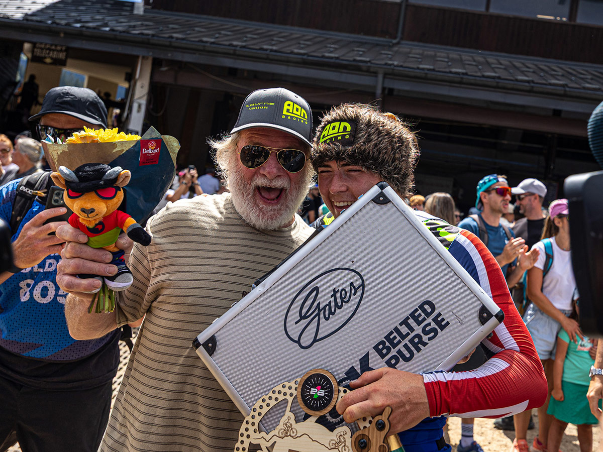 Hattie Harnden takes Gates 100k Belted Purse with 2026 Les Gets DH World Cup win, celebration