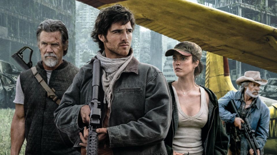 The Dog Stars key art featuring Josh Brolin, Jacob Elord, Margaret Qualley and Guy Pearce.
