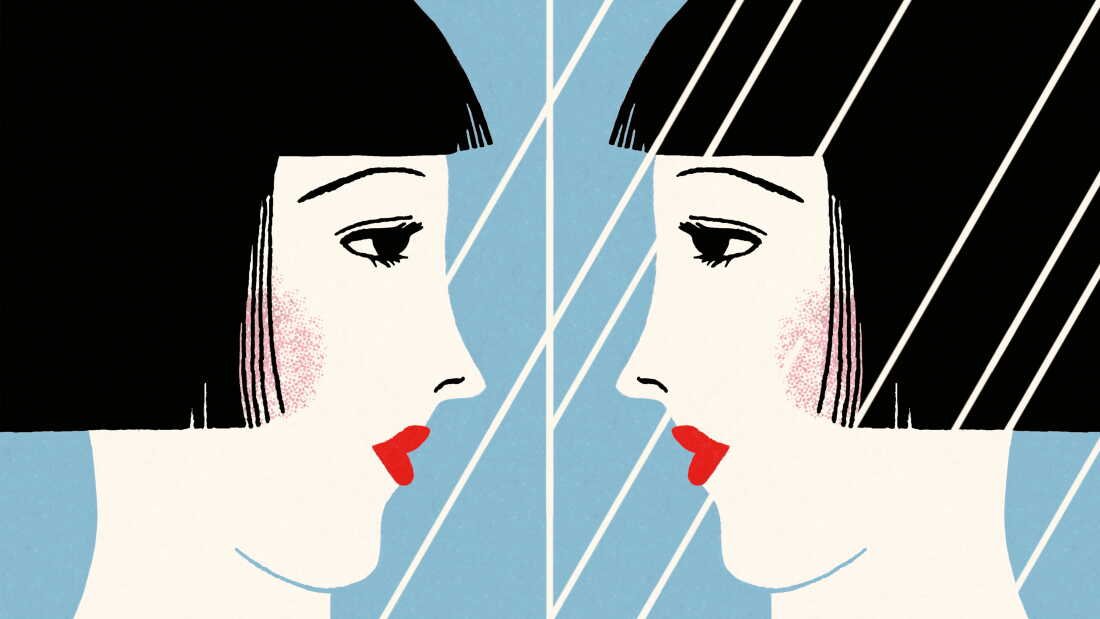 Digital illustration of a woman looking at herself in the mirror.