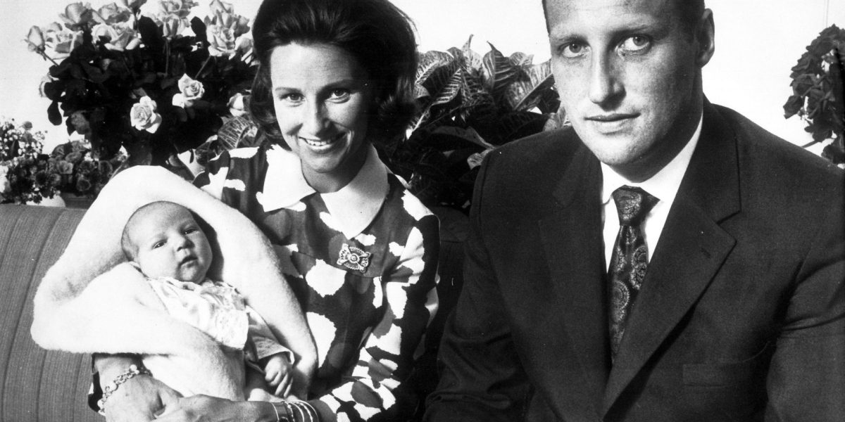 FILE - Norway's Crown Prince Harald, with his wife Crown Princess Sonja, present their new son Prince Haakon Magnus, in the National Hospital, Oslo, July. 26, 1973, Prince Haakon was born on July. 20. (AP Photo, File)