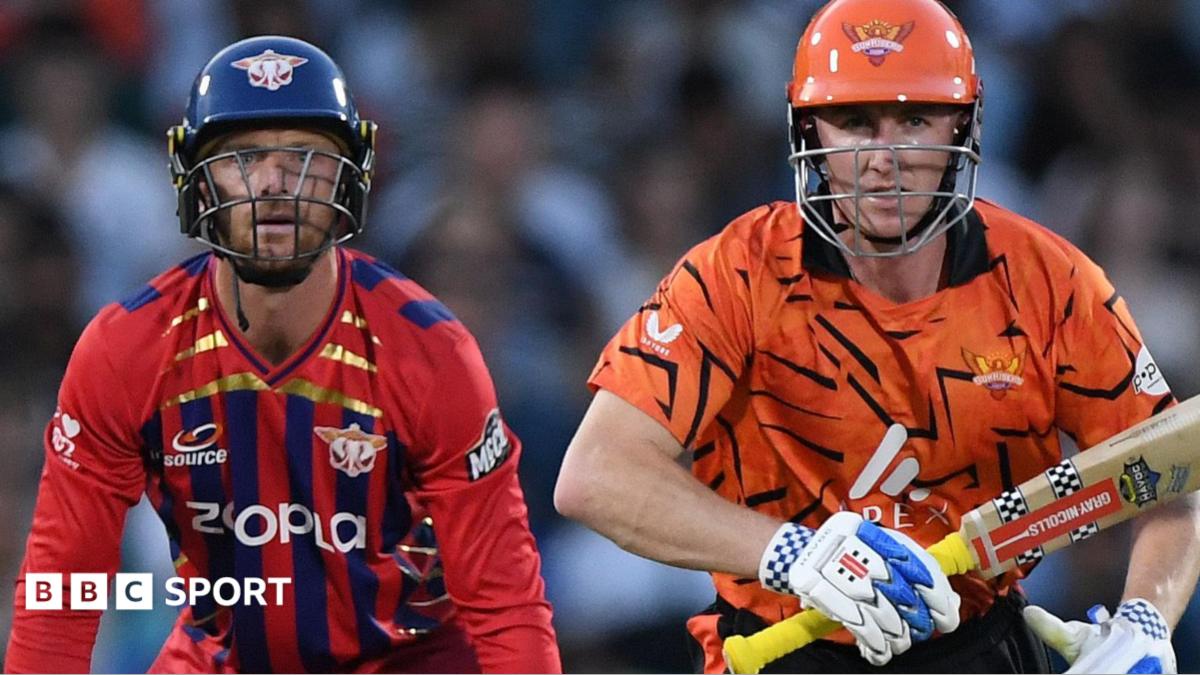 Manchester Super Giants wicketkeeper Jos Buttler (left) and Sunrisers Leeds batter Harry Brook (right) watch the ball after the latter hits a shot