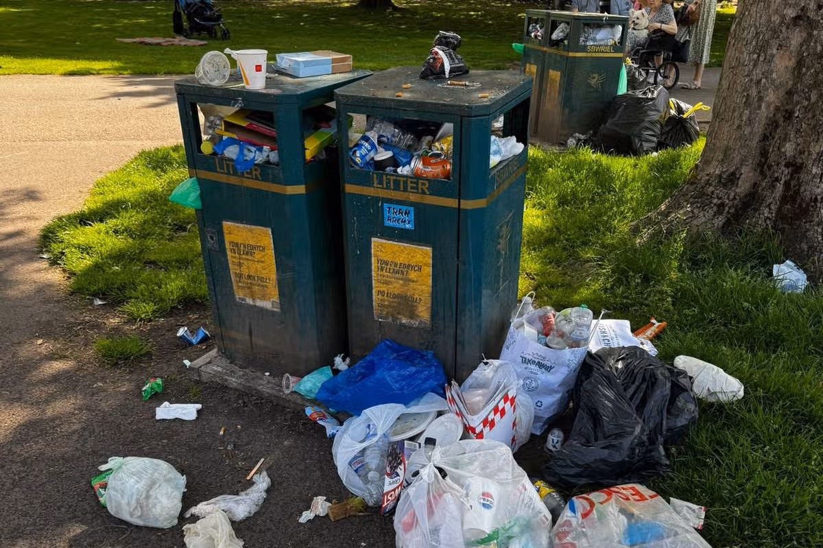 Overflowing litter bins at Victoria Park in Canton