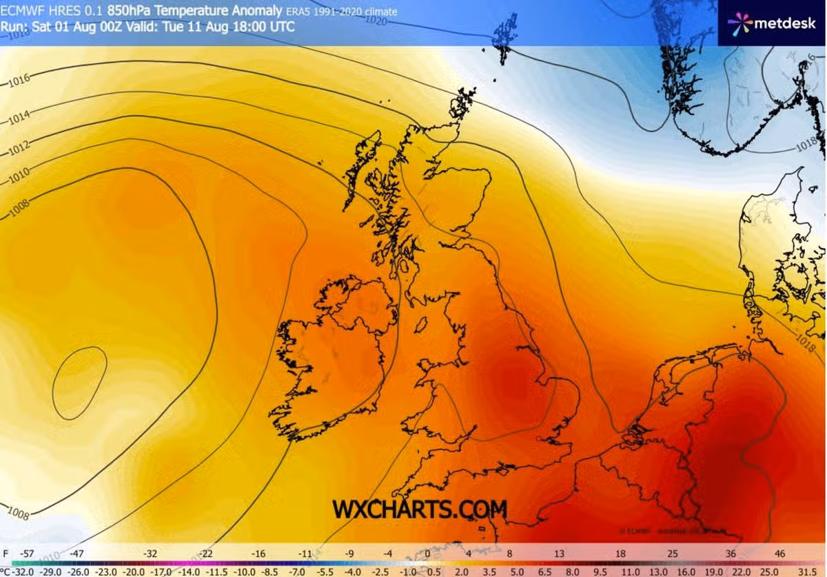 UK weather temperature anomaly map for Tuesday, August 11
