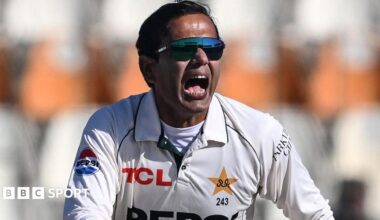 Noman Ali celebrates taking a wicket for Pakistan