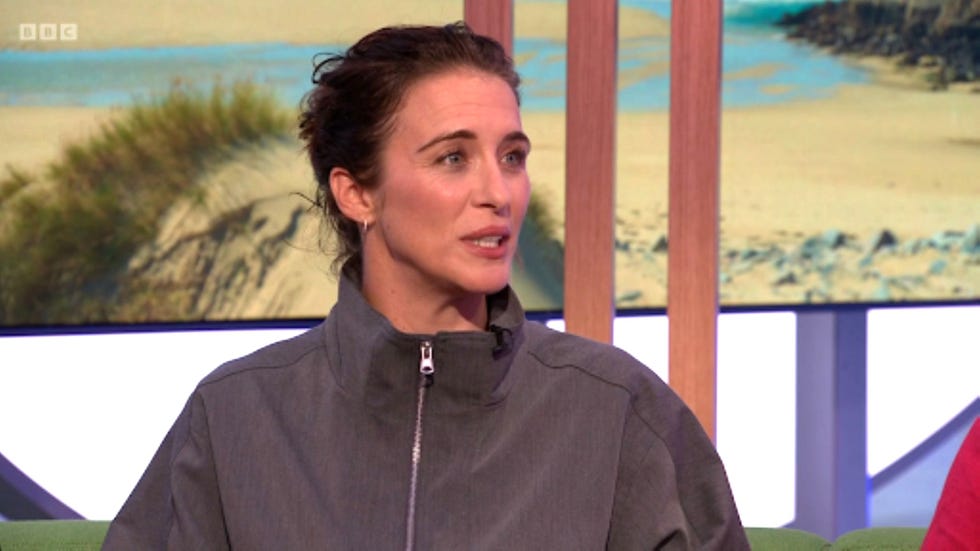 Vicky McClure the one show person sitting in front of a beach backdrop, talking.