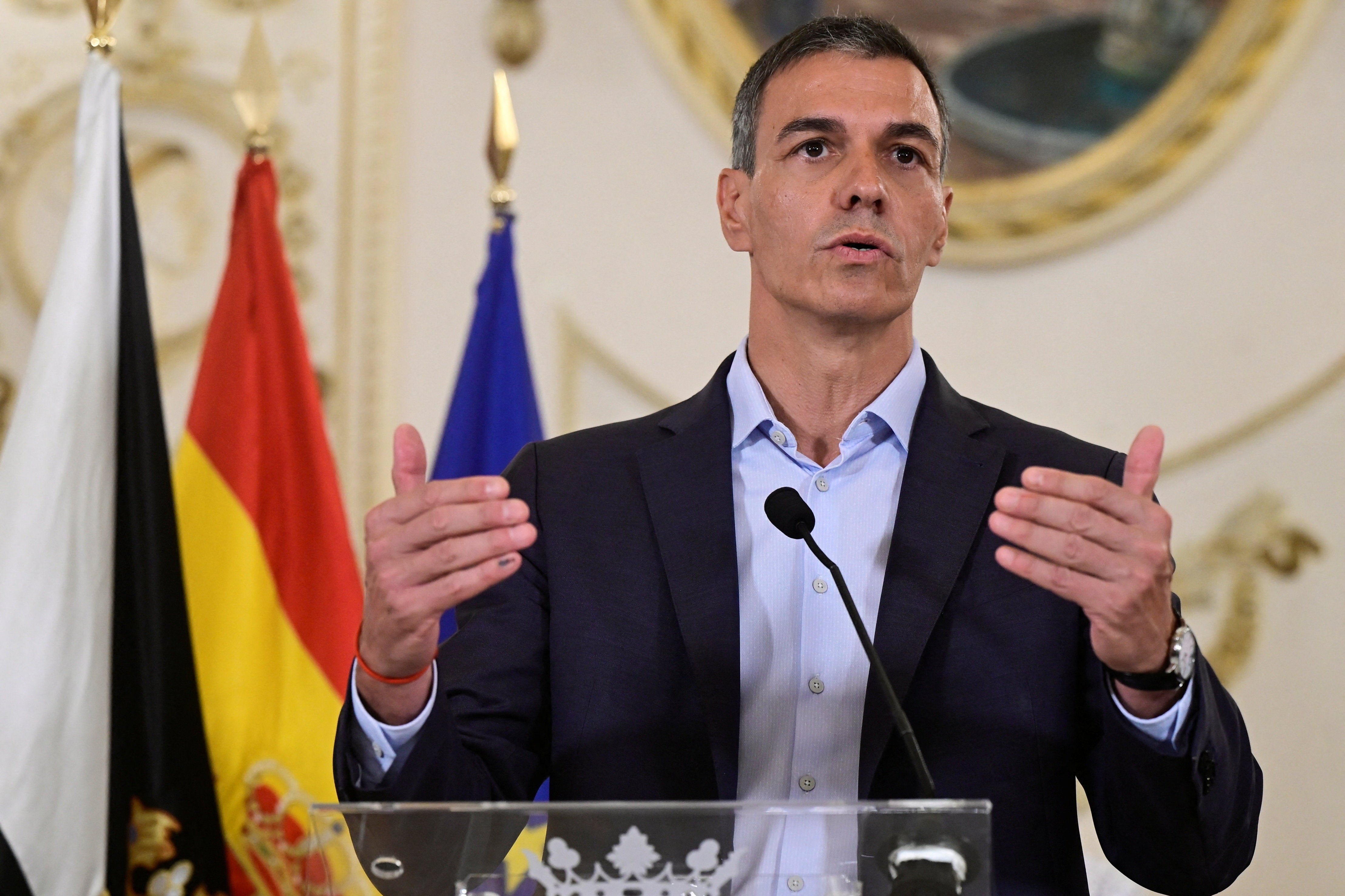 Spanish Prime Minister Pedro Sanchez speaks in Ceuta, Spain, amid mass crossings of migrants on foot and by sea from Morocco into Spanish territory