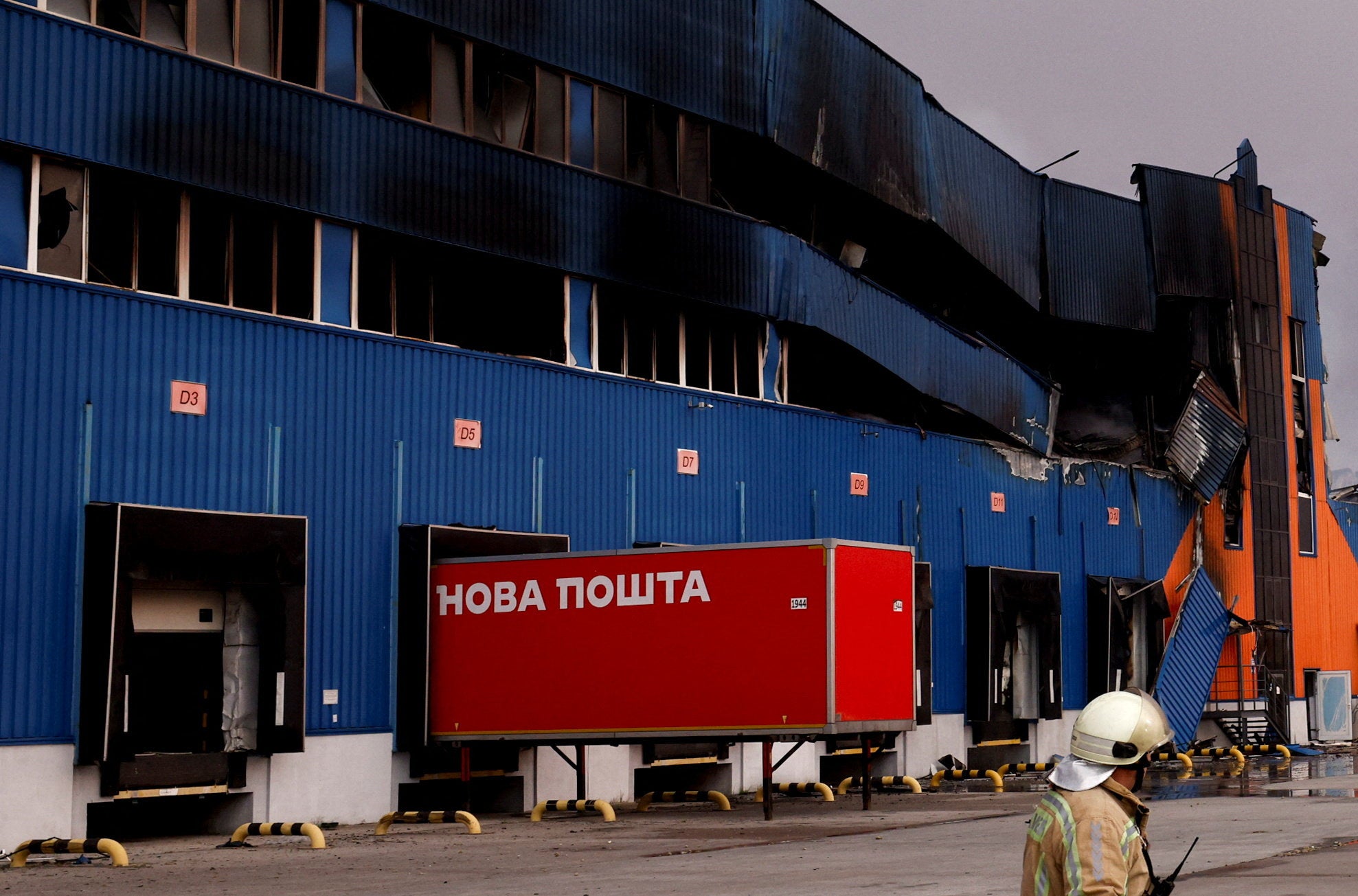 A damaged logistics hub of the Ukrainian online retailer, Rozetka, after it was struck during a night of Russian missile and drone attacks in the Kyiv region