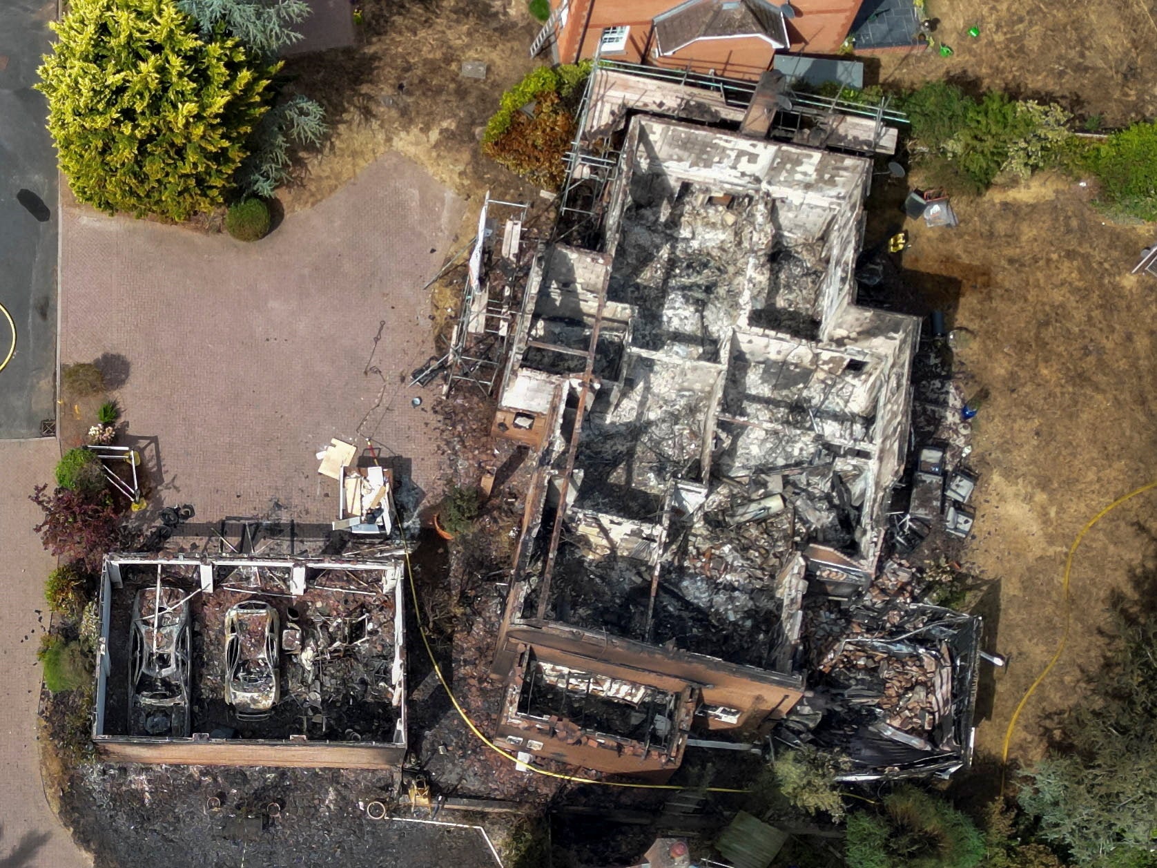A drone view of a burnt-out house in Stourbridge