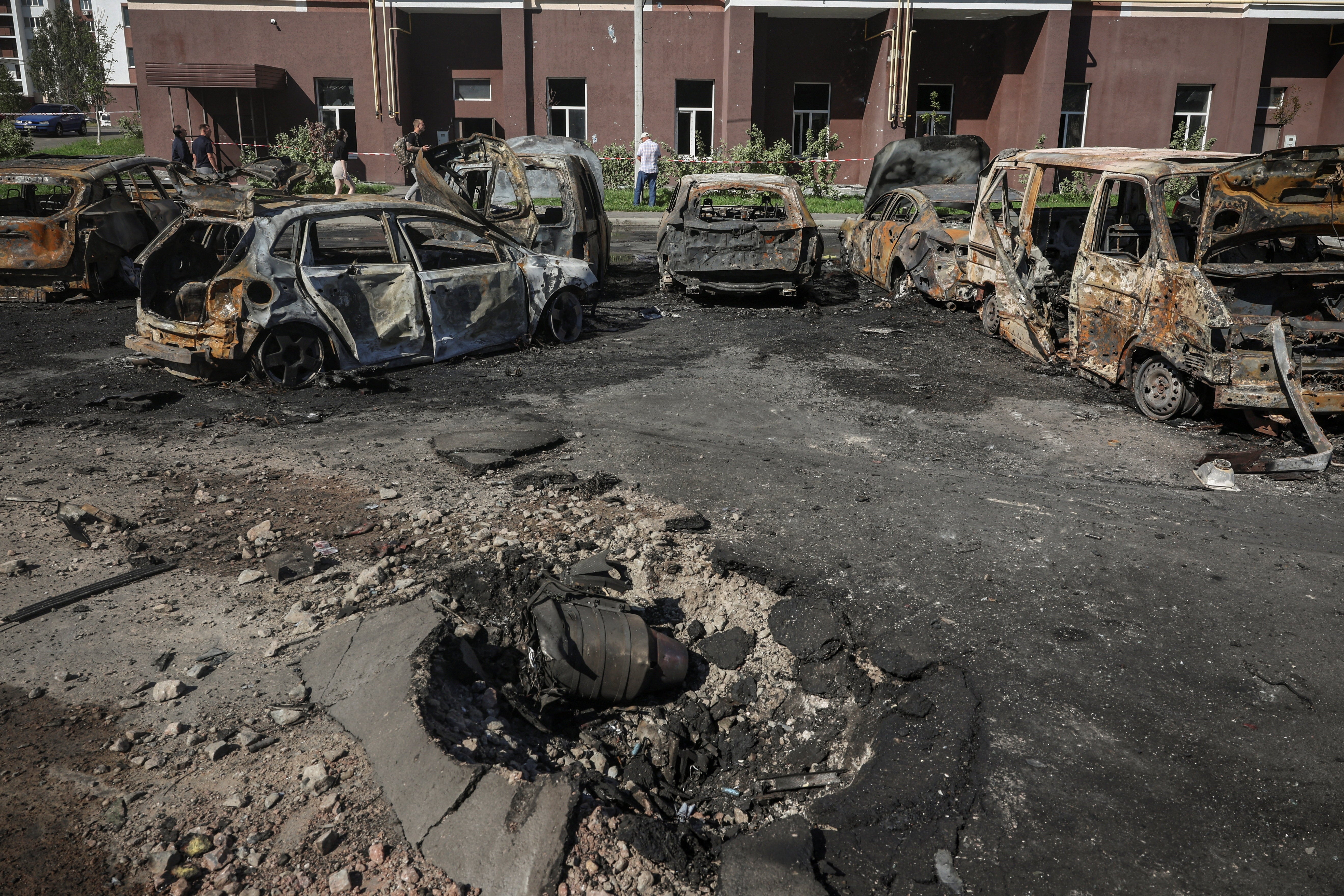 Parts of a shot-down kamikaze drone at a site of a Russian strike, amid Russia’s attack on Ukraine, in the town of Vyshneve in Kyiv region, Ukraine, August 28