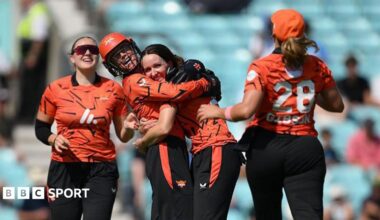 Kate Cross and Sunrisers Leeds celebrate a wicket v Southern Brave