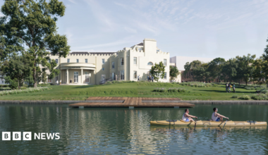 A CGI-generated image of two rowers rowing past Bray Studios.