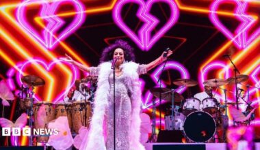 Singer Diana Ross on stage a silver glittery gown and white feather boa.
