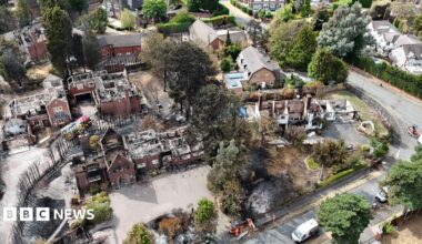 An aerial image taken with a drone of fire damaged properties in Stourbridge, showing burned out homes.