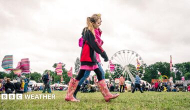 Two people walk through a festival site wearing waterproofs and wellies