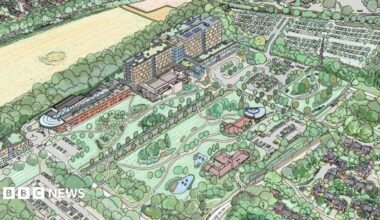 An artist's impression of how the new hospital will look. It is a drawing showing various buildings and a lot of open green space