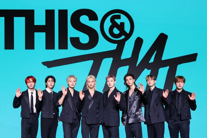 Members of K-pop boy band Stray Kids pose during a press conference for the release of the group's 10th EP, 'THIS & THAT' at a hotel in Yeouido, Seoul, Aug. 6. Courtesy of JYP Entertainment