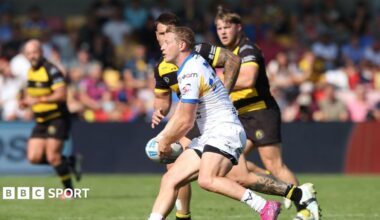 Lachie Miller looks for support to make a pass during the Super League match between York Knights and Leeds Rhinos