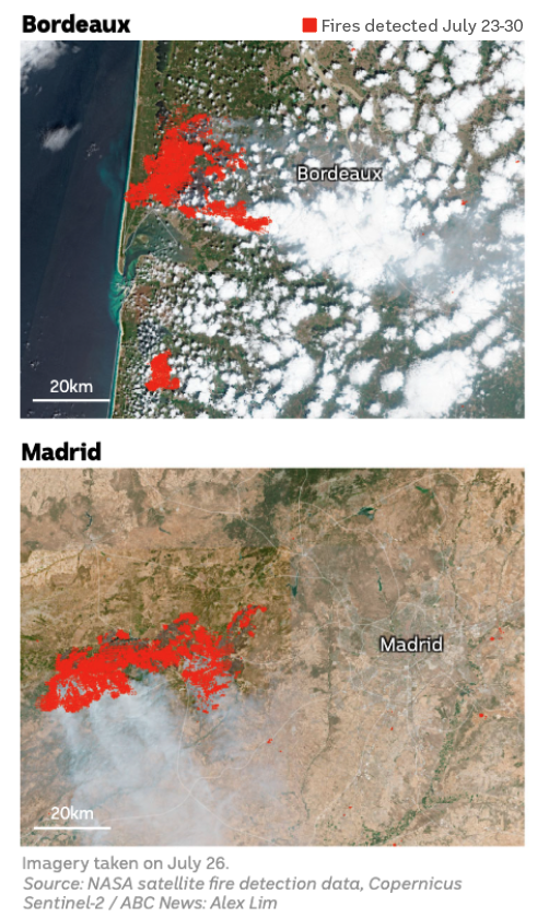Aerial map showing red for fires.