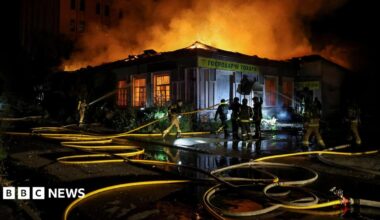 Firefighters work at a site hit by a Russian missile strike, amid Russia's attack on Ukraine, in Kyiv on 20 August.